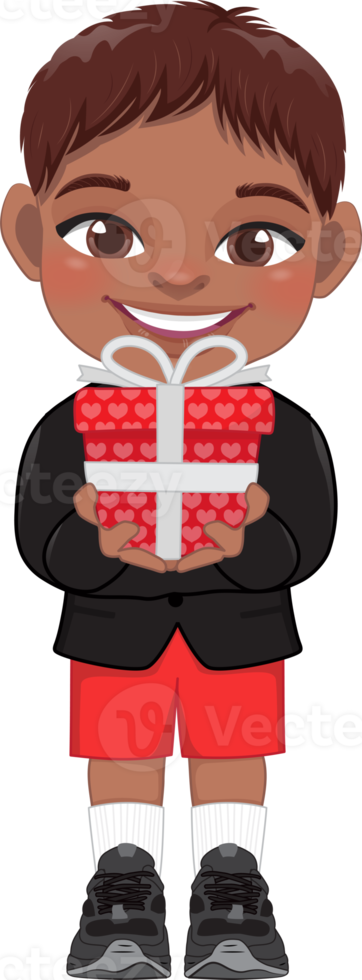 Valentine American African kid with little black boy holding gift box. Dating, Celebrating Valentines day flat icon. Brown short hair young boyfriend cartoon character PNG. png