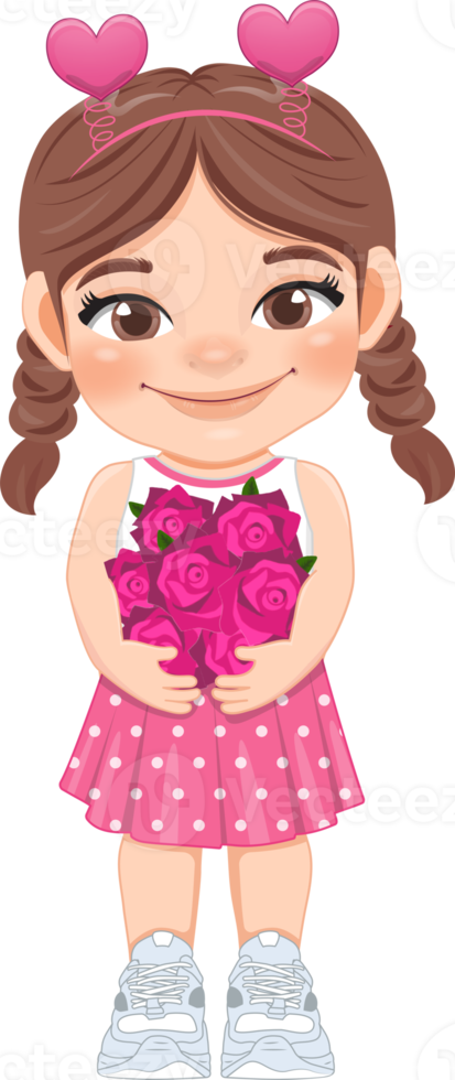 valentine unge med liten flicka innehav rosa reste sig blommor. dejta, fira valentines dag platt ikon. brun lång flätad pigtails ung flickvän tecknad serie karaktär png. png