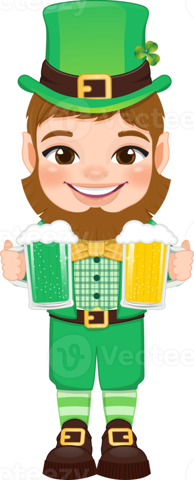 St. Patrick s Day with leprechaun in a green suit. Cute leprechaun holding gold and green beer glasses cartoon character design png