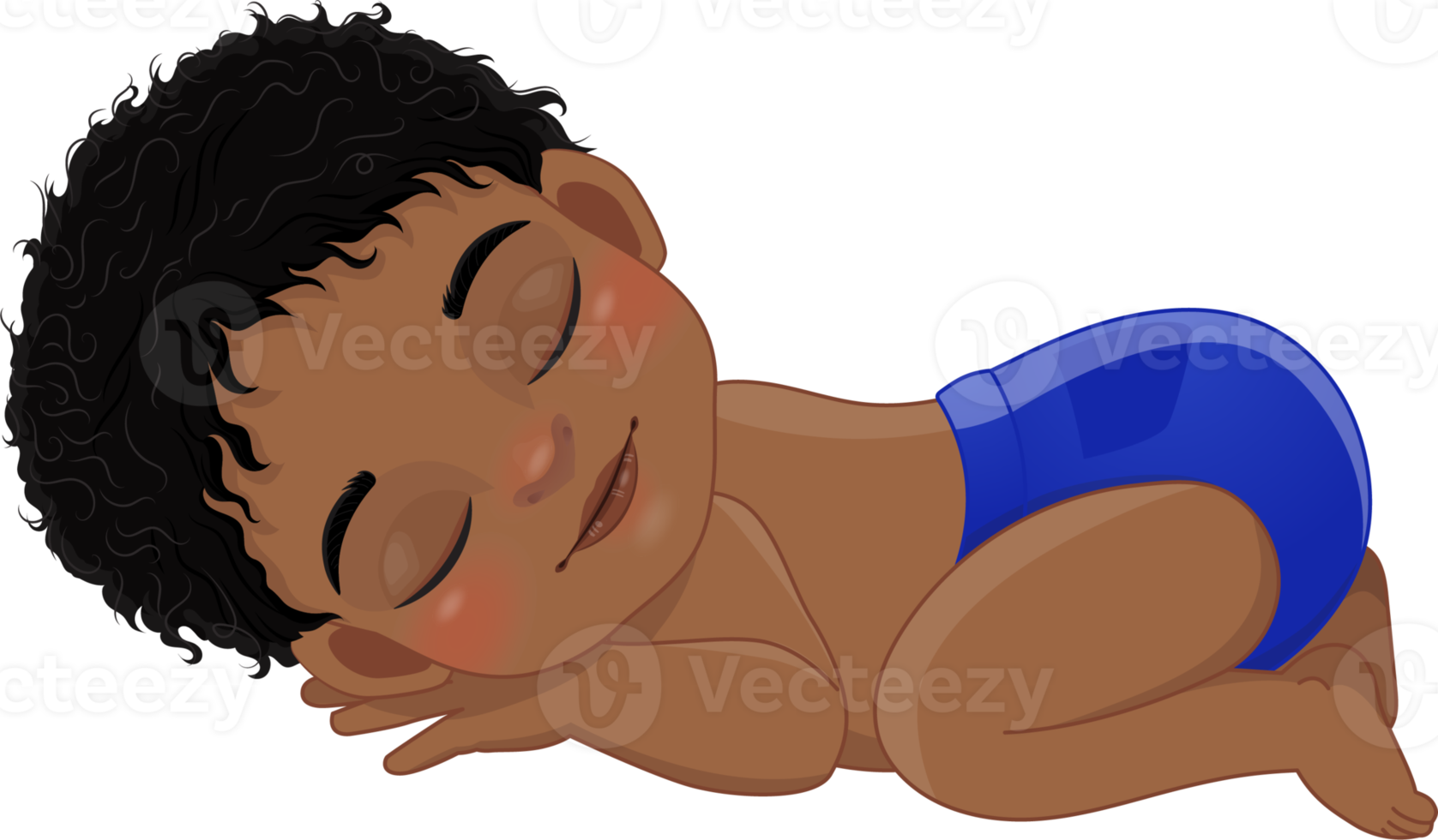 Cartoon character sleeping black baby boy wearing royal blue ruffled diaper cartoon png