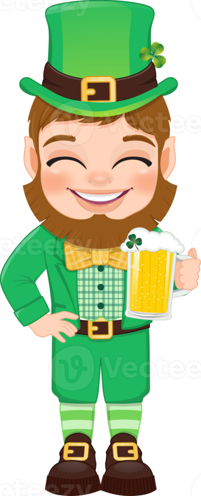 St. Patrick s Day with leprechaun in a green suit. Cute leprechaun holding golden bear glass cartoon character design png