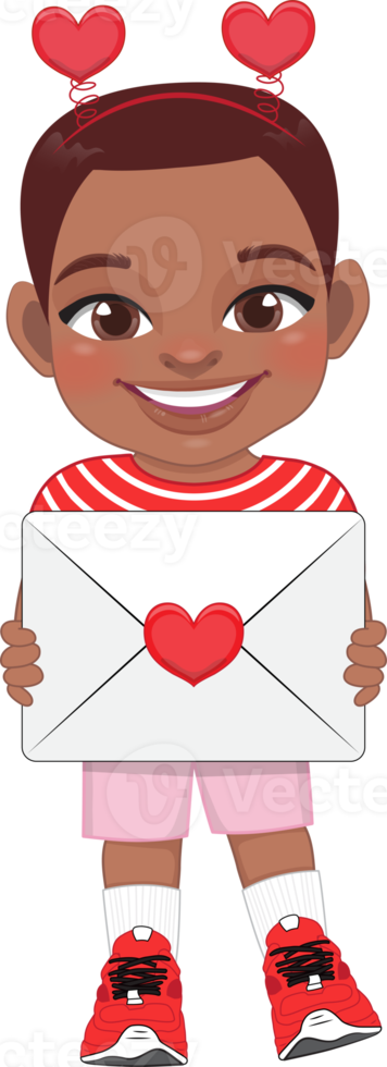 Valentine American African kid with little black boy holding love letter. Dating, Celebrating Valentines day flat icon. Short haired young boyfriend cartoon character PNG. png