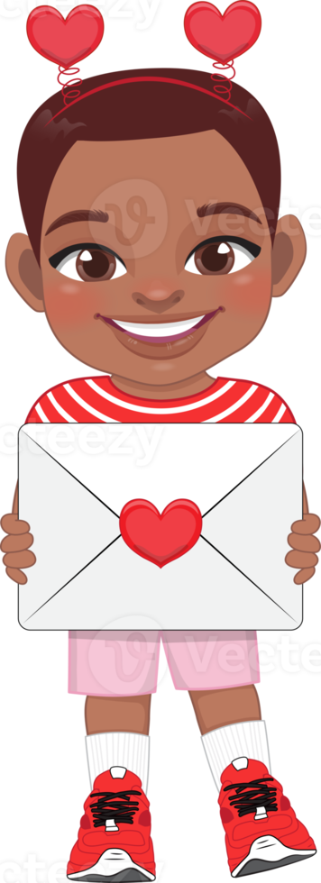 namorados americano africano criança com pequeno Preto Garoto segurando amor carta. namorando, a comemorar dia dos namorados dia plano ícone. curto cabelos jovem namorado desenho animado personagem png. png