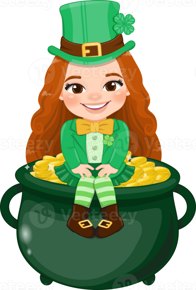 St. Patrick s Day with red long hair girl in Irish costumes sitting in gold of pot cartoon character design png