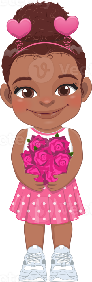 Valentine American African kid with little black girl holding rose flower. Dating, Celebrating Valentines day flat icon. Brown bun hair young girlfriend cartoon character PNG. png