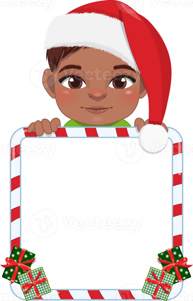 Cute Santa Black Boy Holding Candy Stick Frame Cartoon png