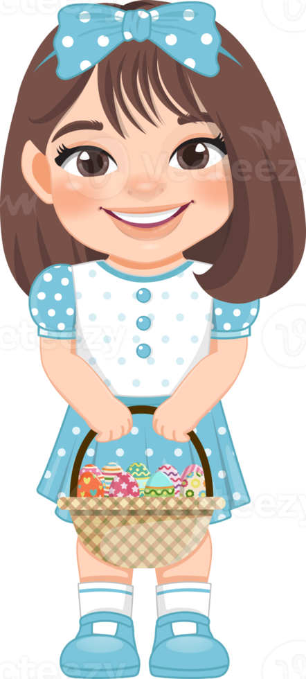 Happy Easter Day with Cute Girl Holding Eggs Basket Cartoon Character PNG