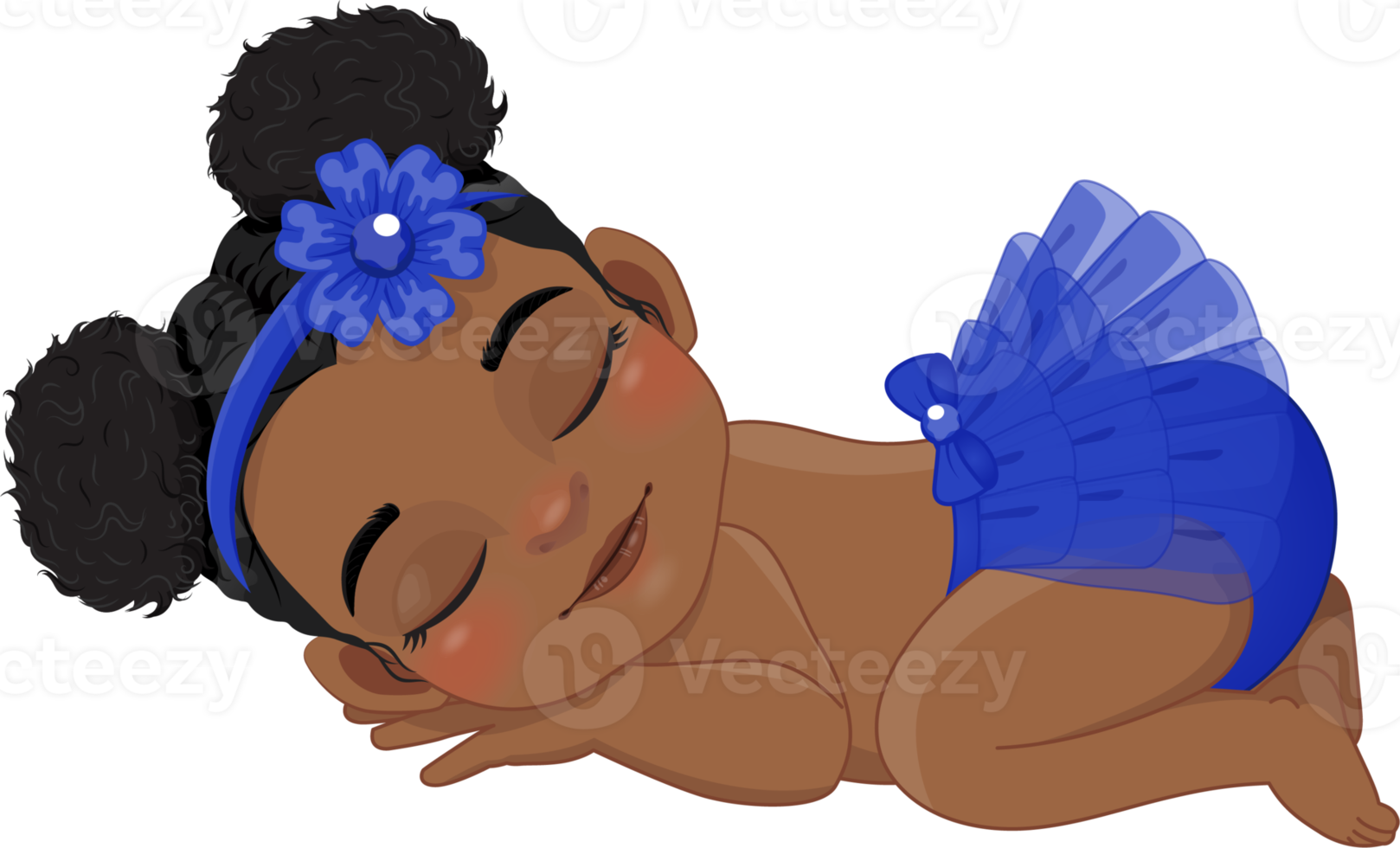 Cartoon character sleeping black baby girl wearing royal blue ruffled diaper cartoon png