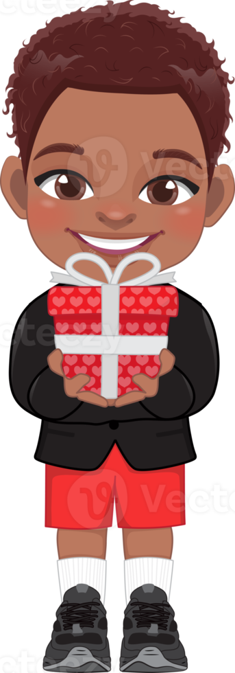 Valentine American African kid with little black boy holding gift box. Dating, Celebrating Valentines day flat icon. Brown curly hair young boyfriend cartoon character PNG. png