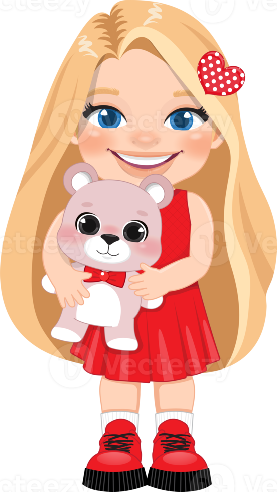 Valentine kid with little girl holding pink teddy bear. Dating, Celebrating Valentines day flat icon. Blonde long hair young girlfriend cartoon character PNG. png