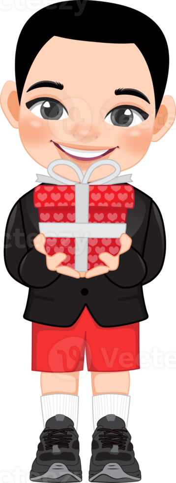 Valentine kid with little boy holding gift box. Dating, Celebrating Valentines day flat icon. Short haired young boyfriend cartoon character PNG. png
