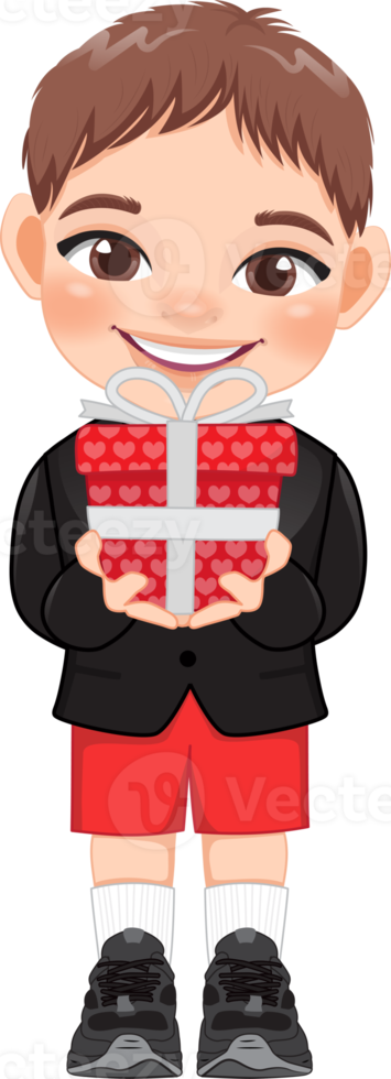 Valentine kid with little boy holding gift box. Dating, Celebrating Valentines day flat icon. Brown hair young boyfriend cartoon character PNG. png