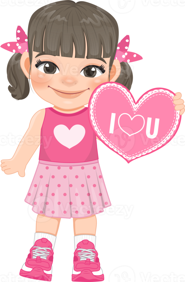 Valentine kid with little girl holding pink heart banner. Dating, Celebrating Valentines day flat icon. Ash matte blonde ponytails hair young girlfriend cartoon character PNG. png