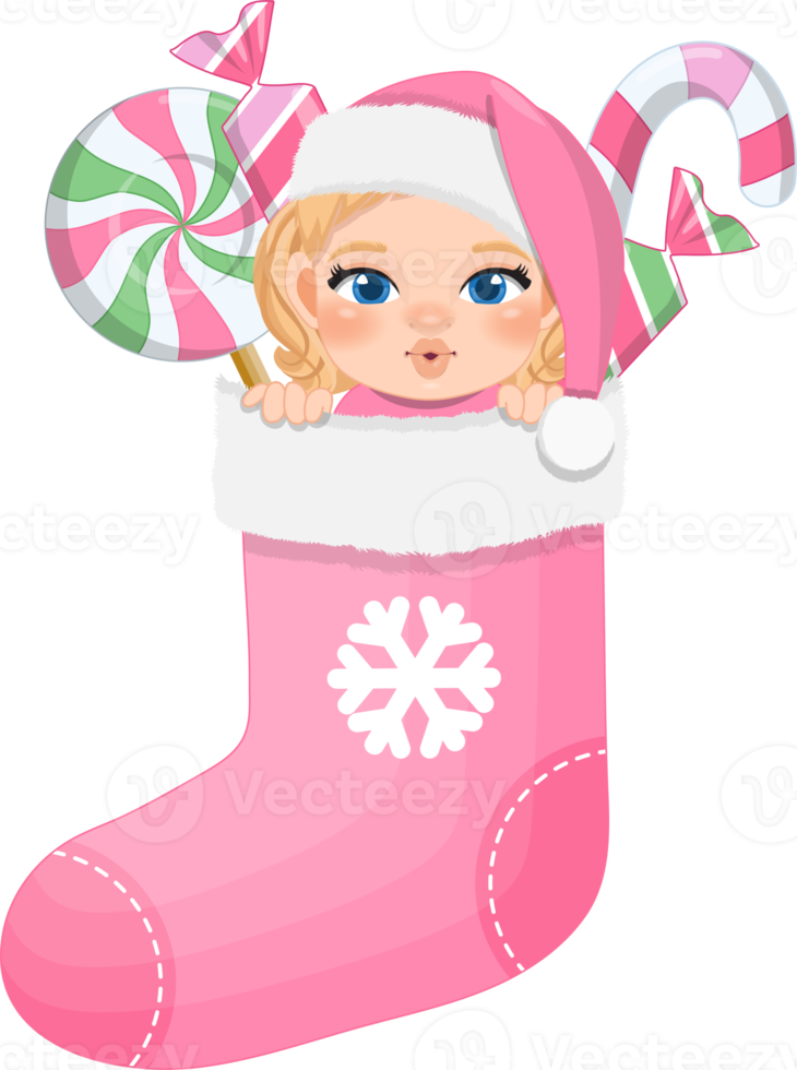 Baby's 1st Christmas stocking with cute baby girl in pastel color design png