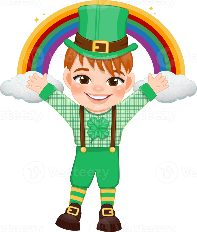 St. Patrick s Day with red hair boy in Irish costumes standing front of rainbow cartoon character design png