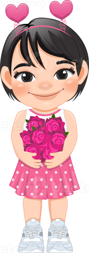 Valentine kid with little girl holding pink rose flowers. Dating, Celebrating Valentines day flat icon. Black short hair young girlfriend cartoon character PNG. png