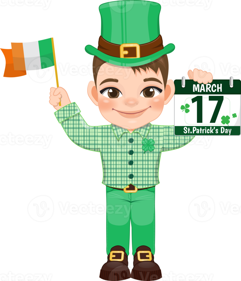 st. patrick s dag med brun hår pojke i irländsk kostymer innehav irländsk flagga och kalender tecknad serie karaktär design png