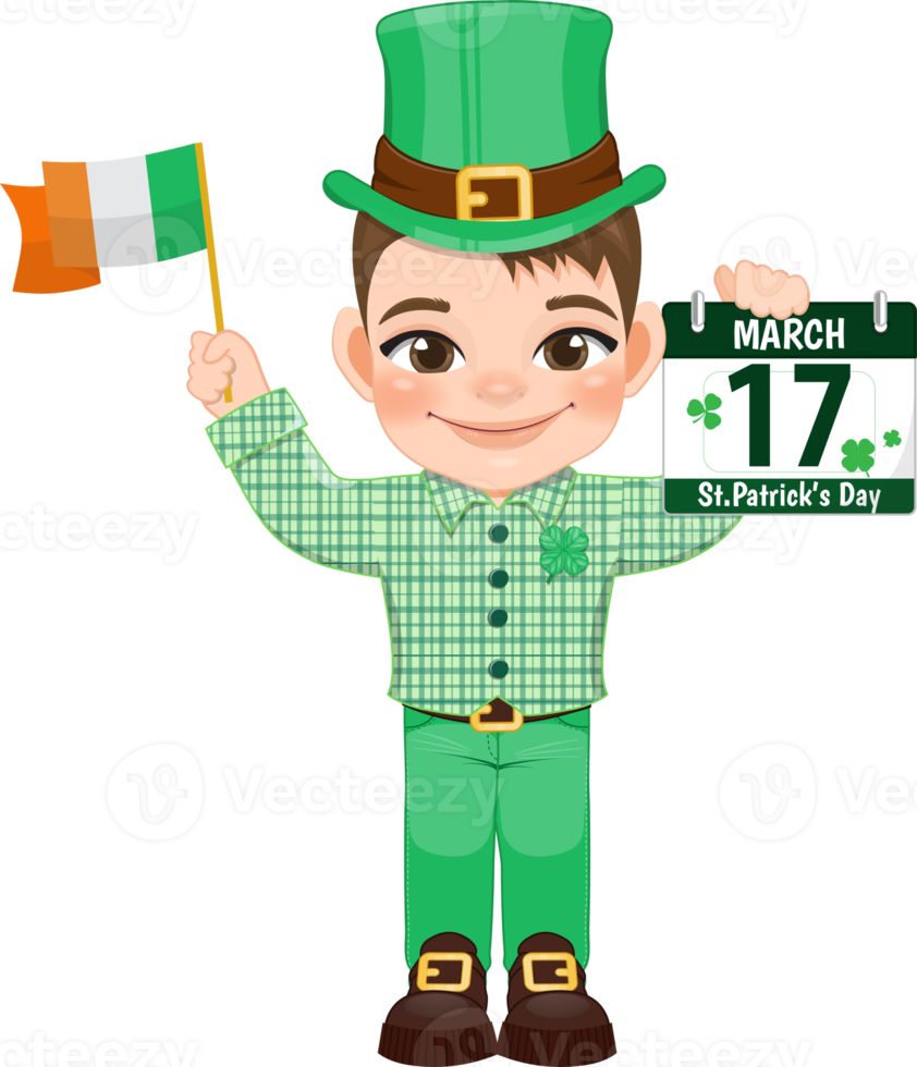 St. Patrick s Day with brown hair boy in Irish costumes holding Irish flag and calendar cartoon character design png