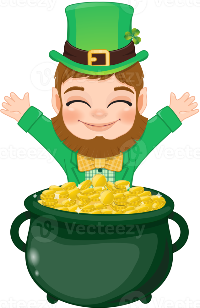 St. Patrick s Day with leprechaun in a green suit. Cute leprechaun standing and raise both hands in gold of pot cartoon character design png