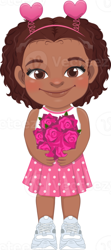 Valentine American African kid with little black girl holding rose flower. Dating, Celebrating Valentines day flat icon. Brown curly hair young girlfriend cartoon character PNG. png