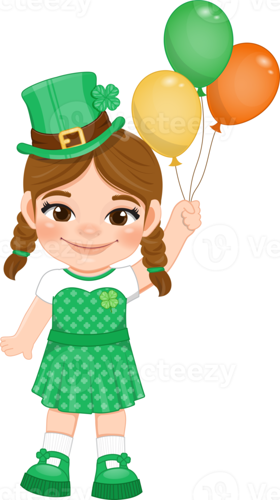 St. Patrick s Day with two side pigtails girl in Irish costumes holding an Irish balloon cartoon character design png