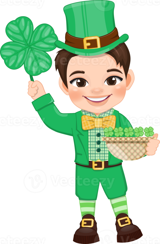 st. patrick s dag med brun hår pojke i irländsk kostymer innehav vitklöver och korg tecknad serie karaktär design png