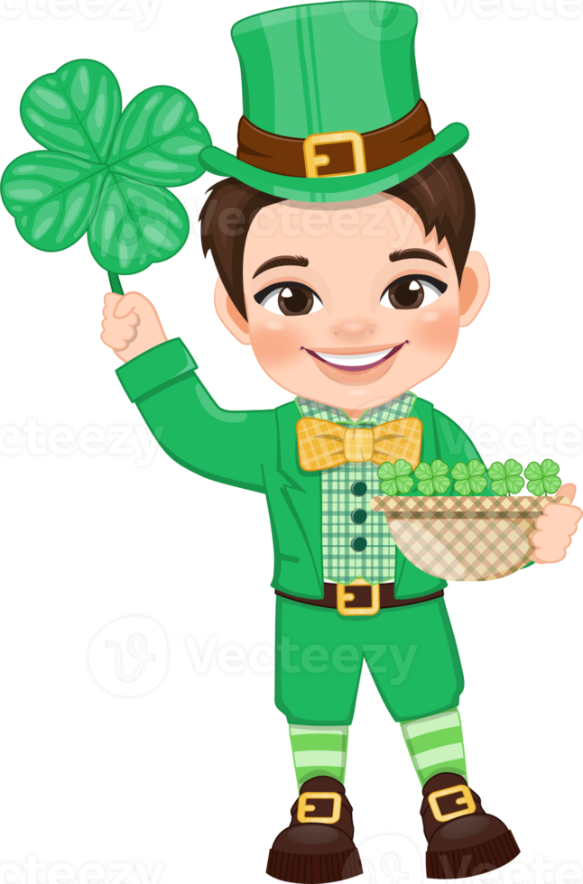 St. Patrick s Day with brown hair boy in Irish costumes holding Shamrock and basket cartoon character design png