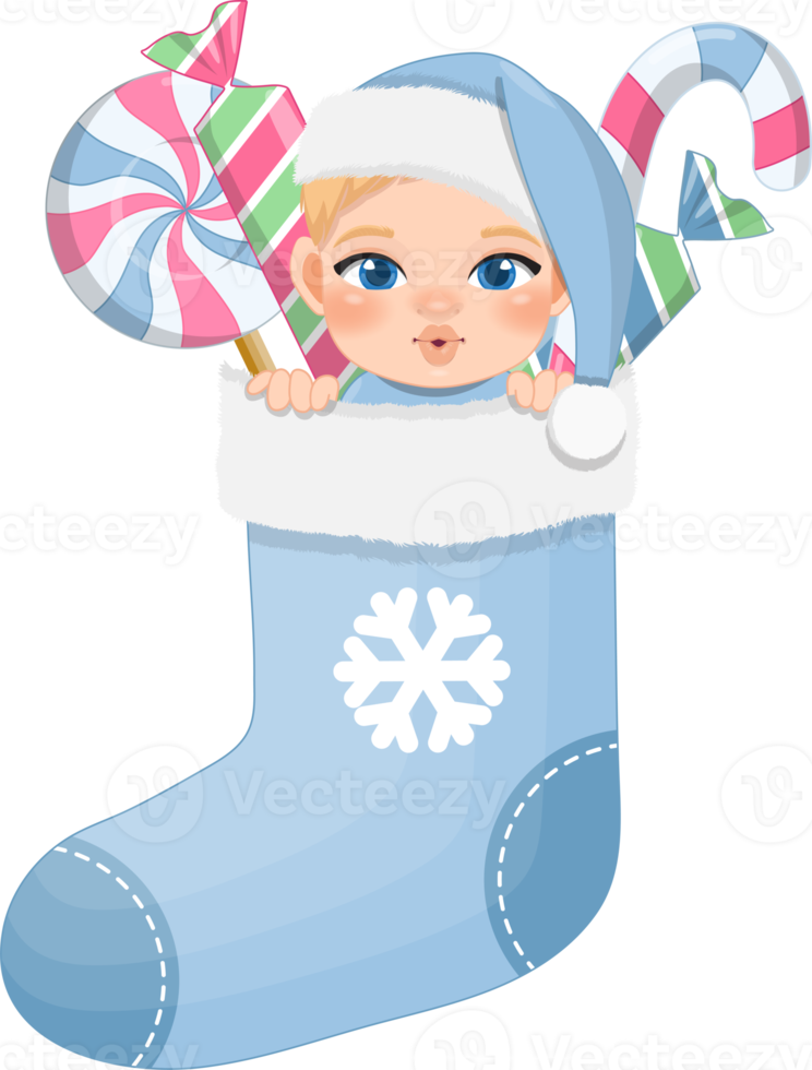 Baby's 1st Christmas stocking with cute baby boy in pastel color design png