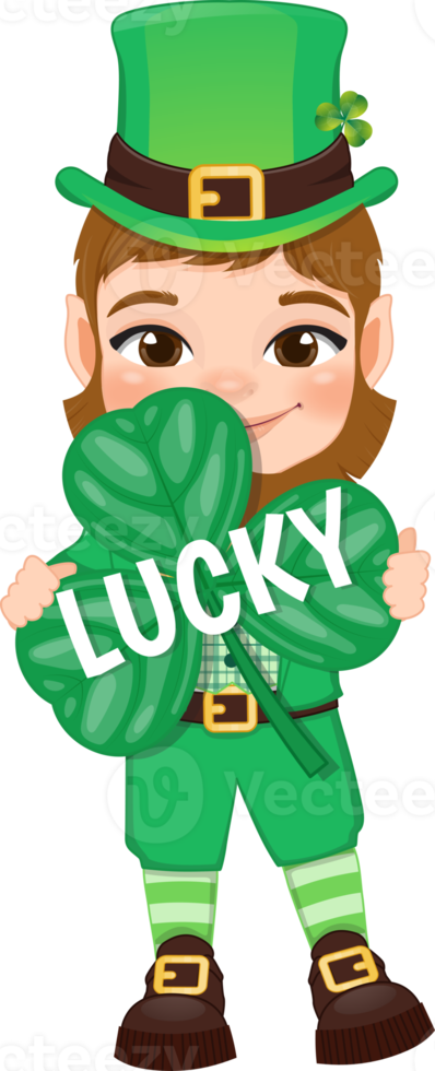 St. Patrick s Day with leprechaun in a green suit. Cute leprechaun holding Shamrock banner cartoon character design png