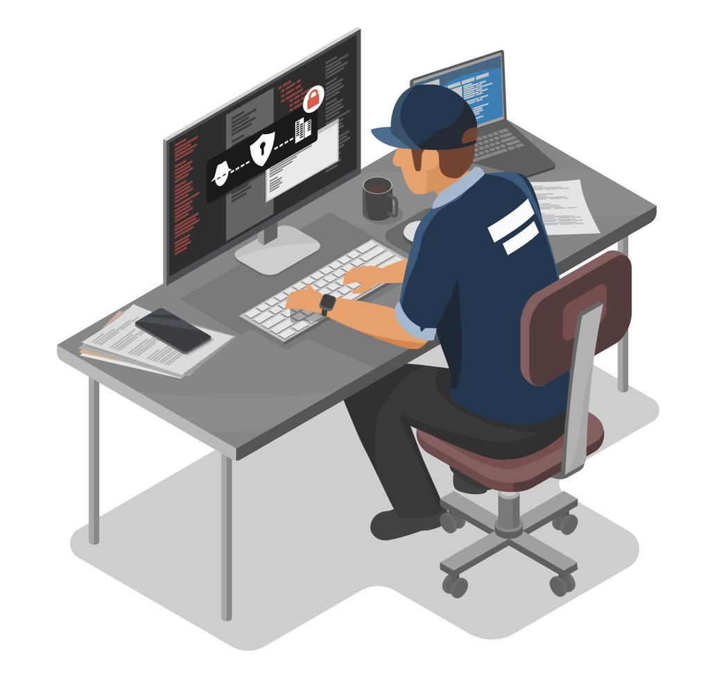 ciber seguridad trabajos bueno hacker concepto software sitio web servidor proteccion desde hacker a salvar base de datos ilustración isométrica aislado vector dibujos animados