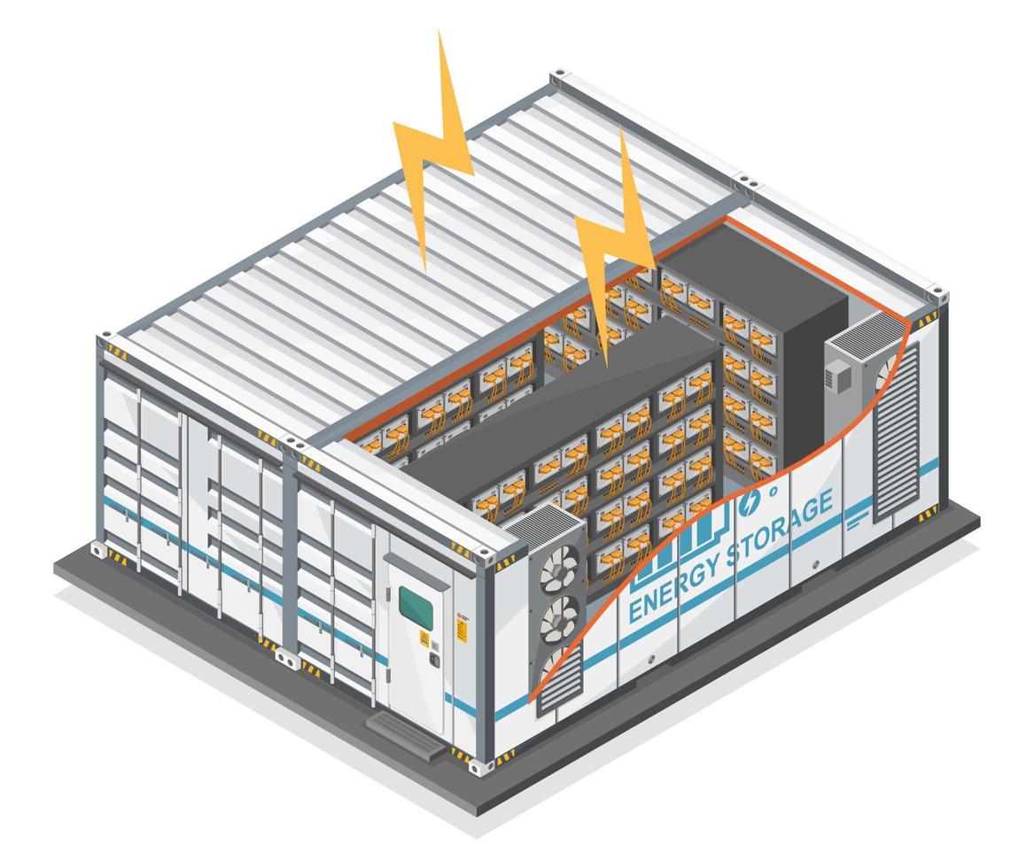 Inside Battery Energy Storage Systems Power Bank electricity power Solar plant Process ecology clean energy concept illustration isometric isolated vector cartoon