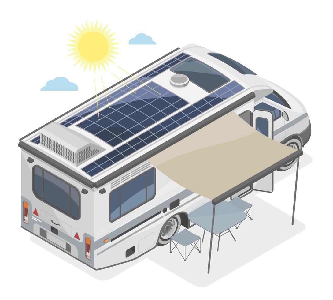 rv recreativo vehículo camper motor hogar con flexible solar paneles Instalar en pc en techo ilustración isométrica aislado vector