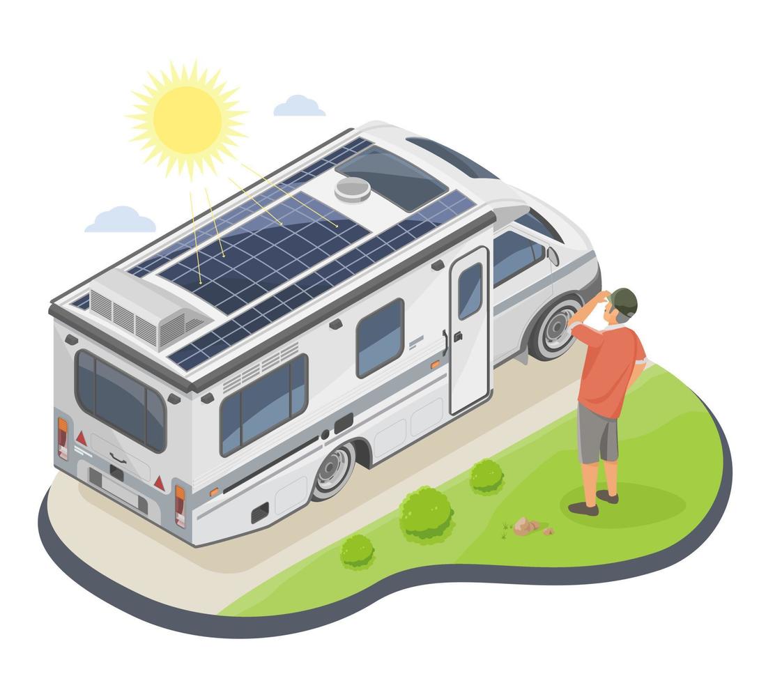 RV Recreational vehicle Flexible Solar Panels Film install on Roof installation service illustration isometric isolated vector