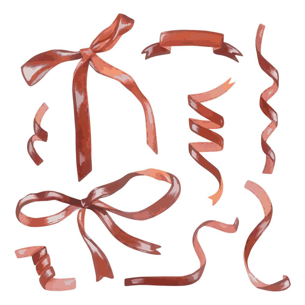 Set Of Red Ribbons And Bows Watercolor Illustration vector