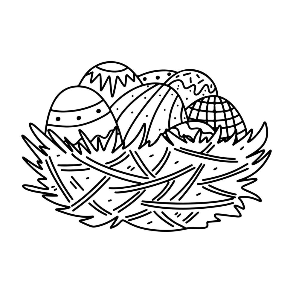 Eggs in nest in hand drawn doodle style. Vector Illustration Isolated on white background. Coloring page.