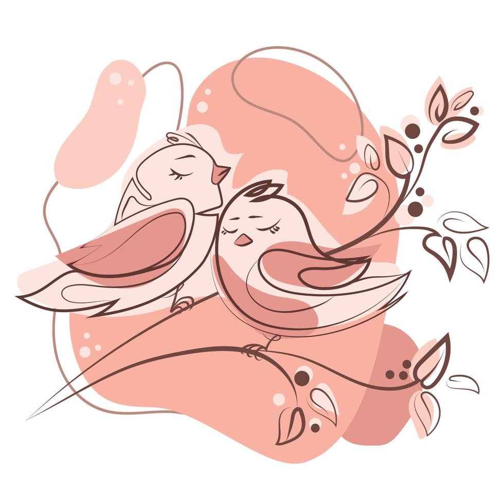 Two birds on a branch being in love,Spring time concept, line art drawing with abstract light pastel shapes vector illustration. Valentine romantic poster.Spring decor with a couple of cute birds