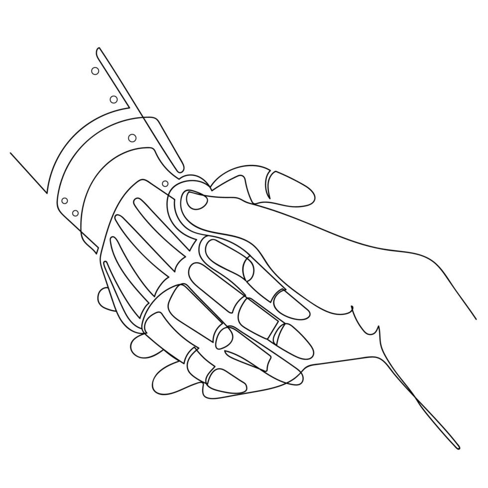 Robot or cyborg arm and hand human handshake continuous line drawing vector line icon logo template.Touch Technological concept.Cyber communication and robotic.Biomechanical hand,modern prosthetics