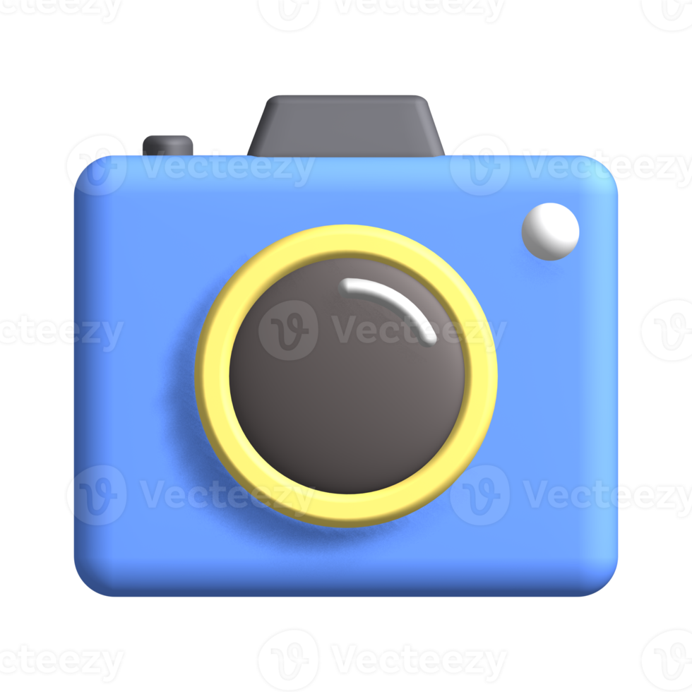 Photo camera with lens and button in 3d icon. Cartoon minimal style. png