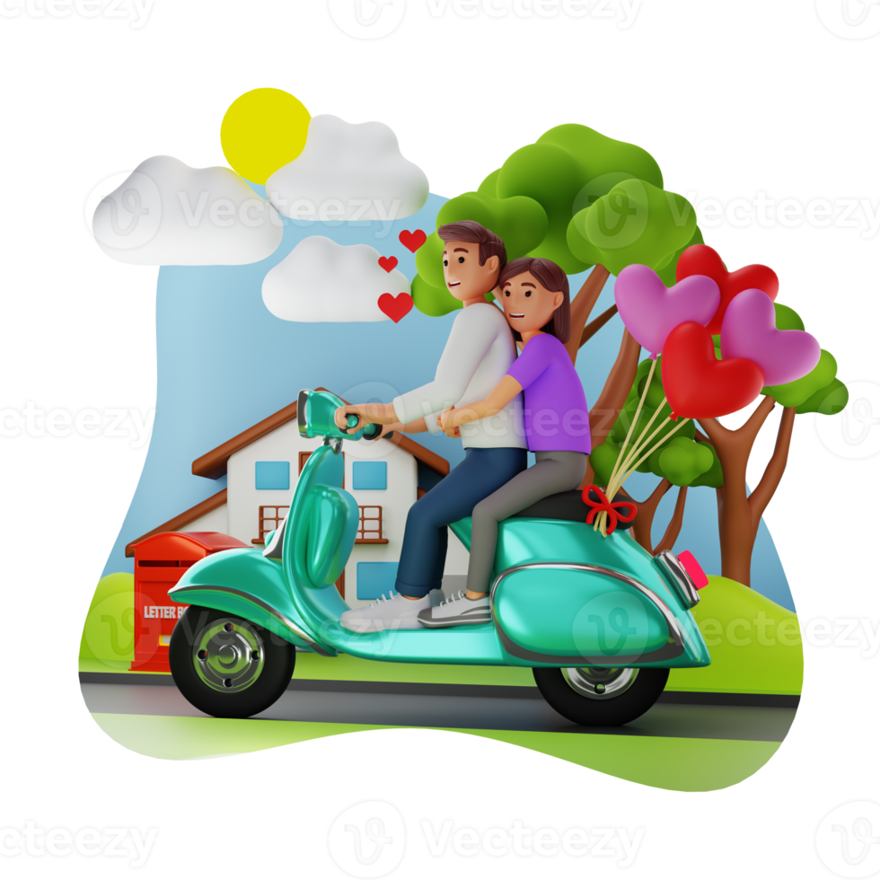 Couple Riding Together On Scooter, 3D Character Illustration png