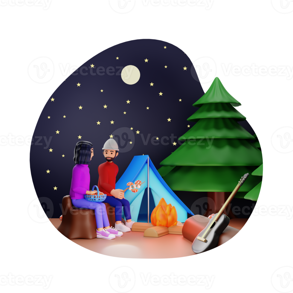 couple profiter feu de camp pendant camping 3d personnage illustration png