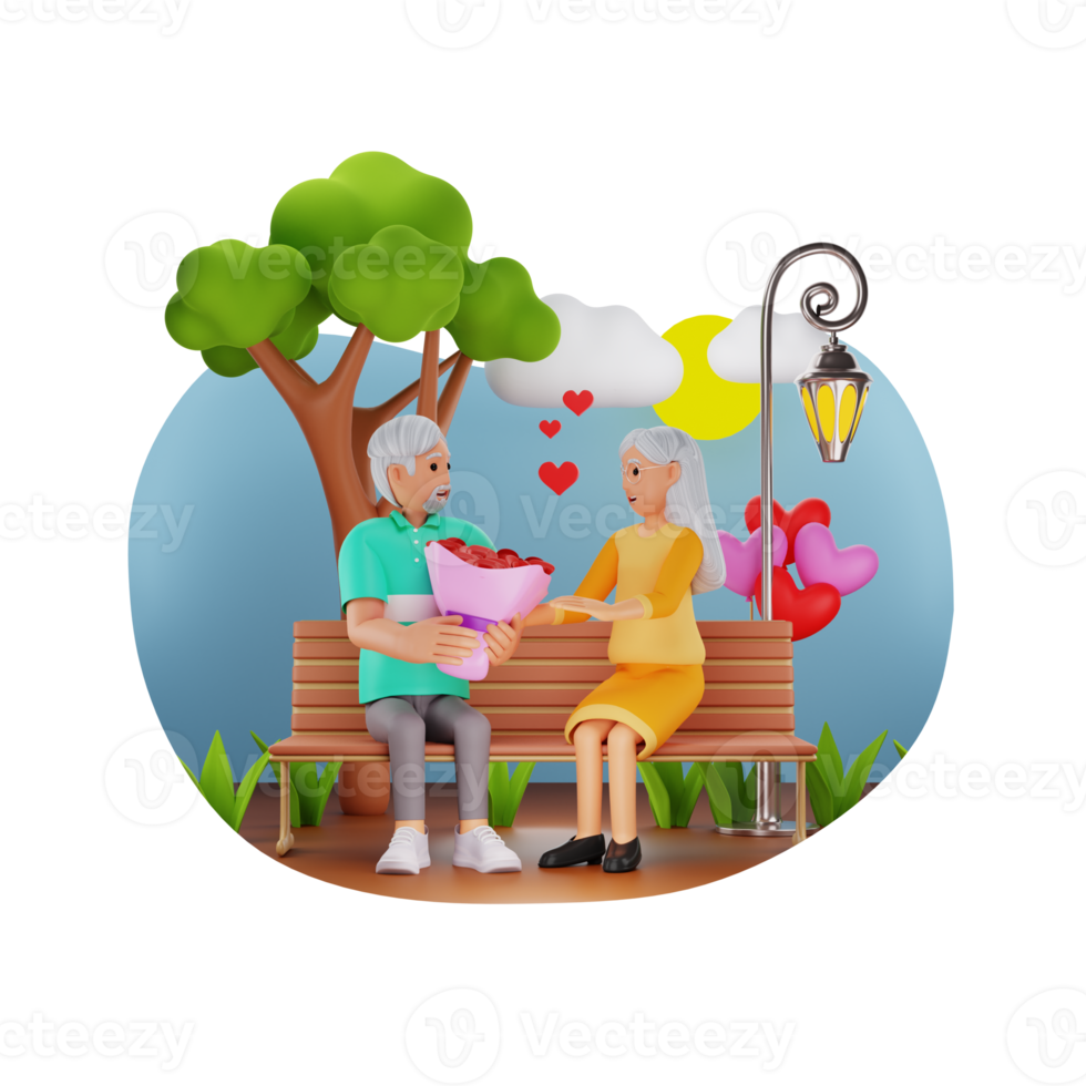 Old Couple Celebrating Valentines Day, 3D Character Illustration png