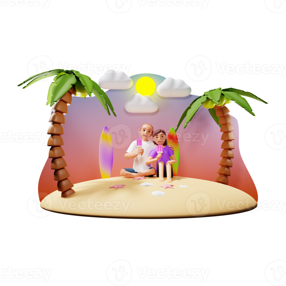 Couple Enjoy Ice Cream On Beach 3D Character Illustration png