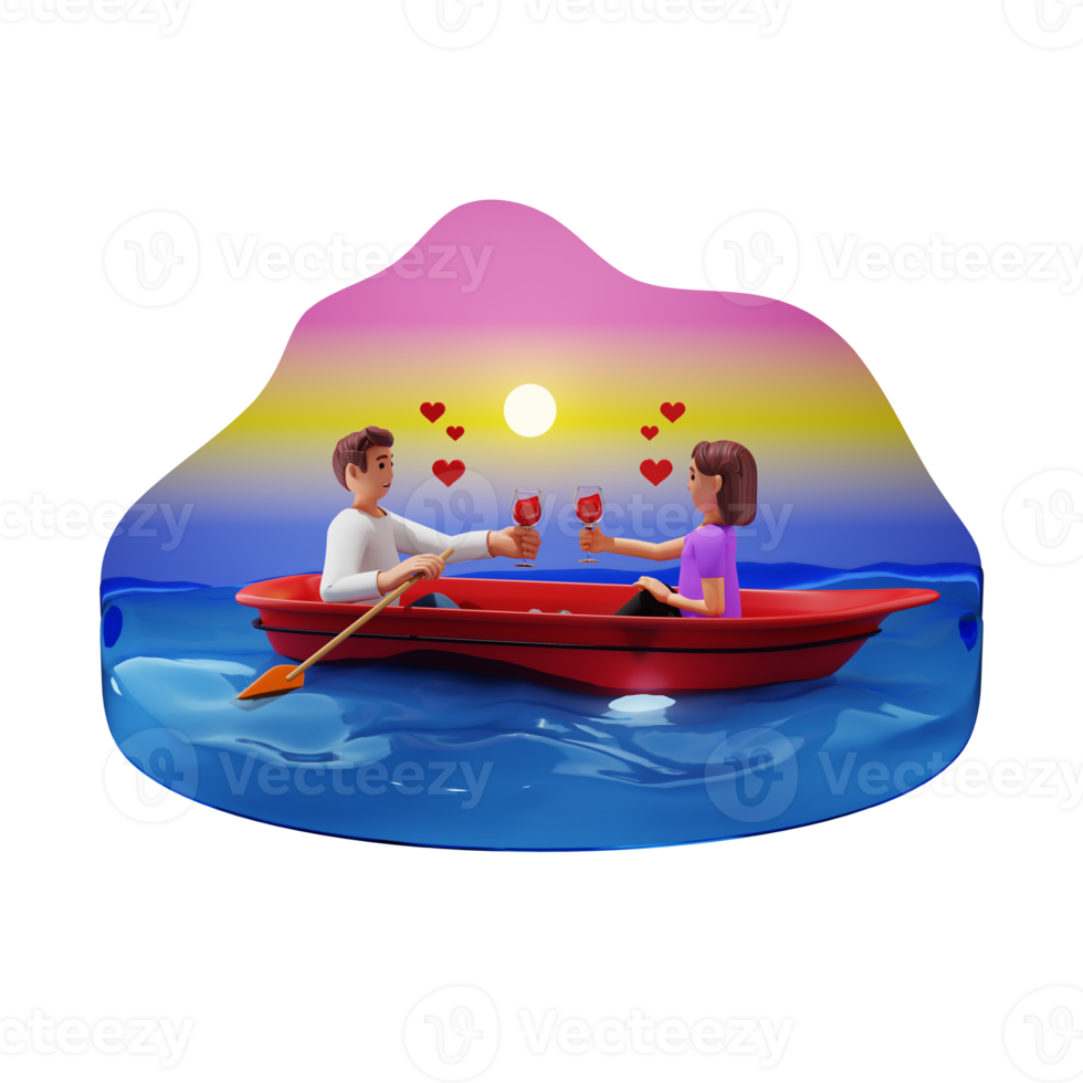 romántico Pareja en bote, 3d personaje ilustración png