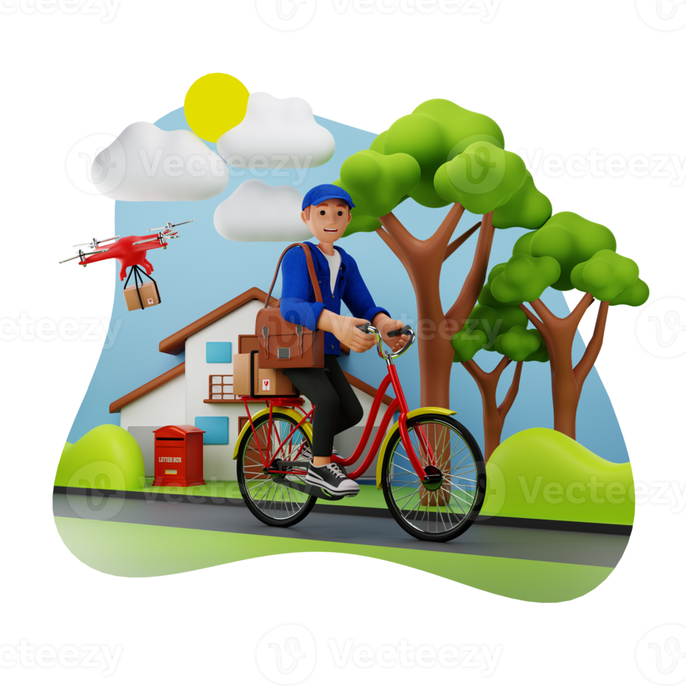 levering vent leveren de pakket door fiets, 3d karakter illustratie png