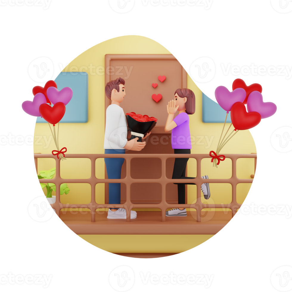 Couple Standing On Balcony Celebrating Valentine's Day, 3D Character Illustration png