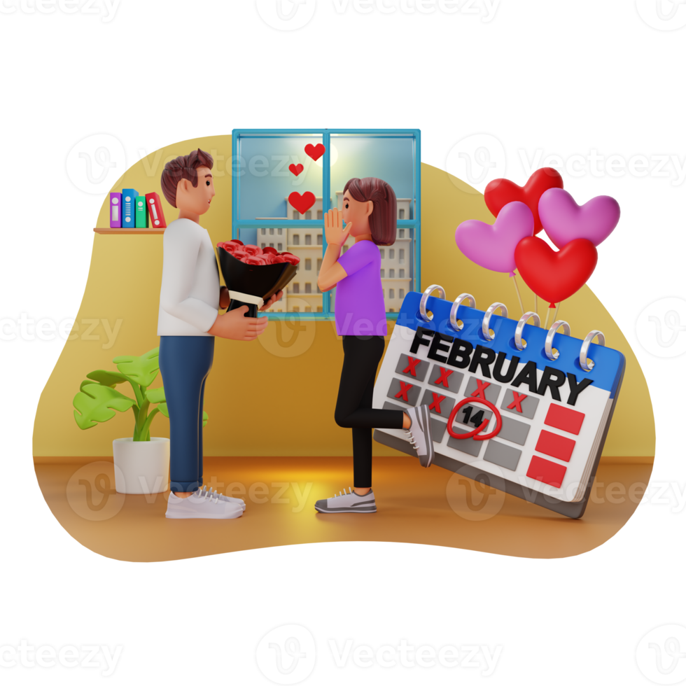 Man Giving Flower Bouquet On Valentine's Day, 3D Character Illustration png