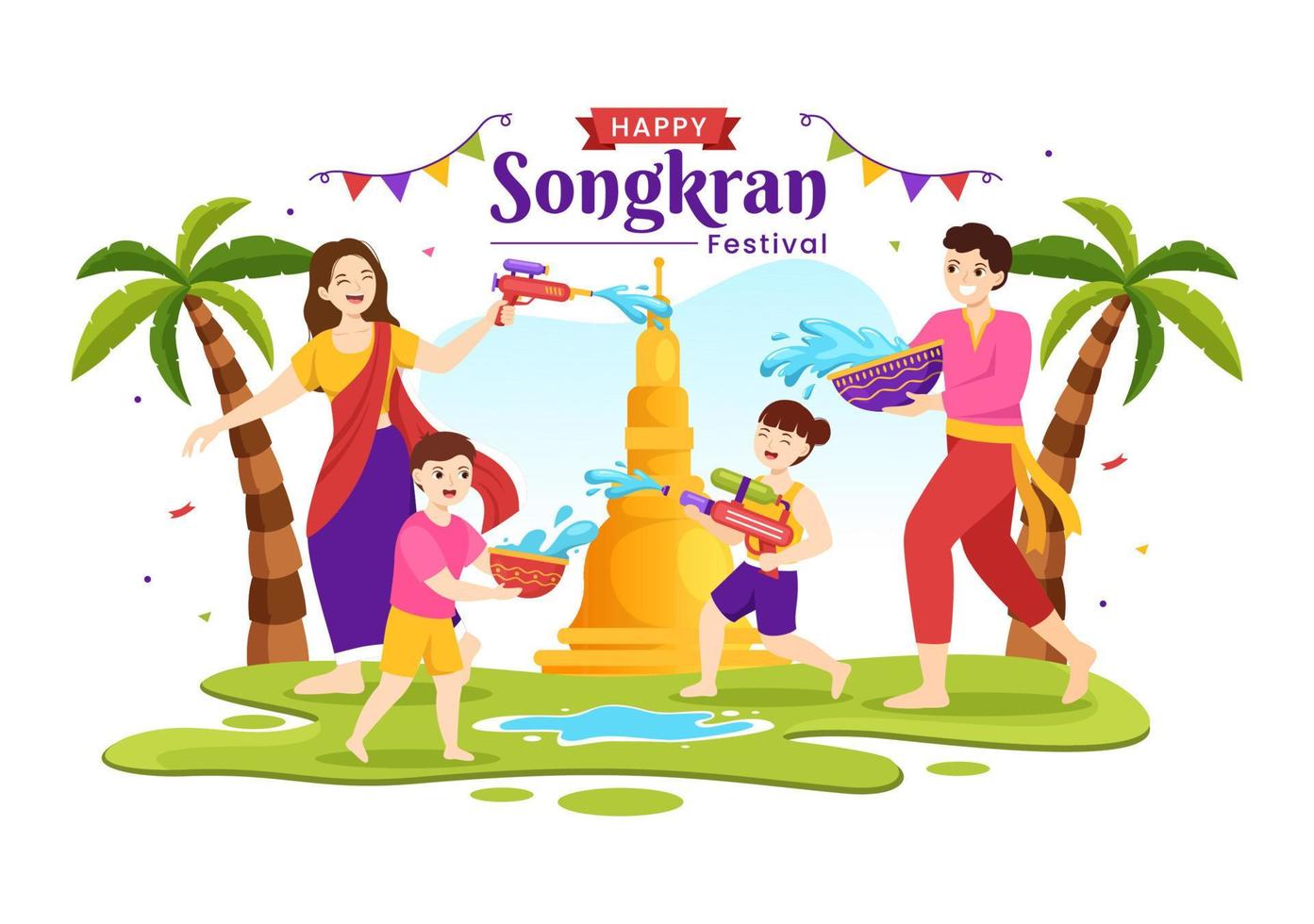 contento Songkran festival día ilustración con niños jugando agua pistola en Tailandia celebracion en plano dibujos animados mano dibujado para aterrizaje página plantillas vector