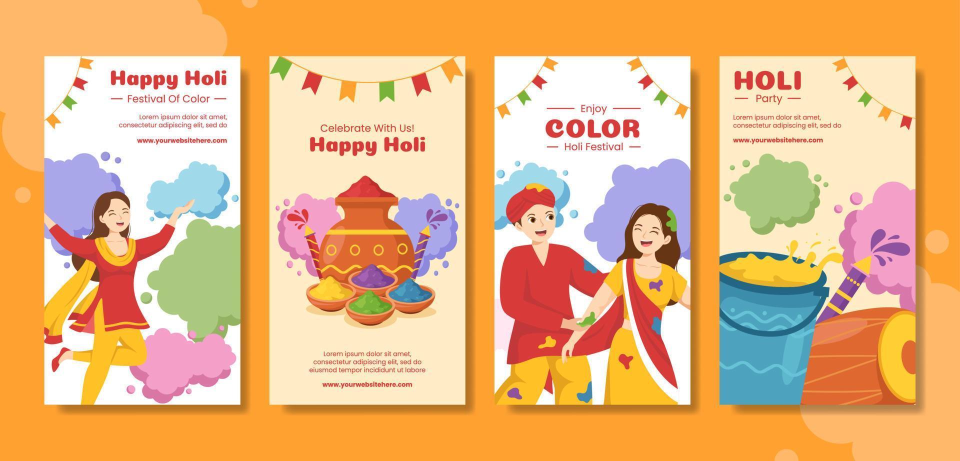 Happy Holi Festival Social Media Stories Flat Cartoon Hand Drawn Templates Illustration vector