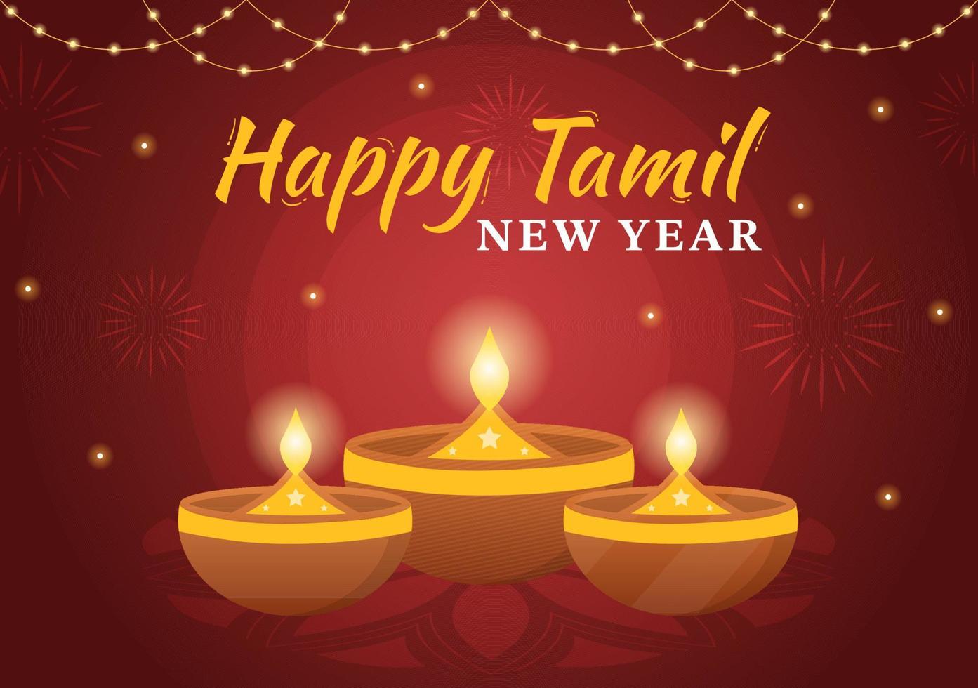 Happy Tamil New Year Illustration with Vishu Flowers, Pots and Indian Hindu Festival in Flat Cartoon Hand Drawn for Landing Page Templates vector