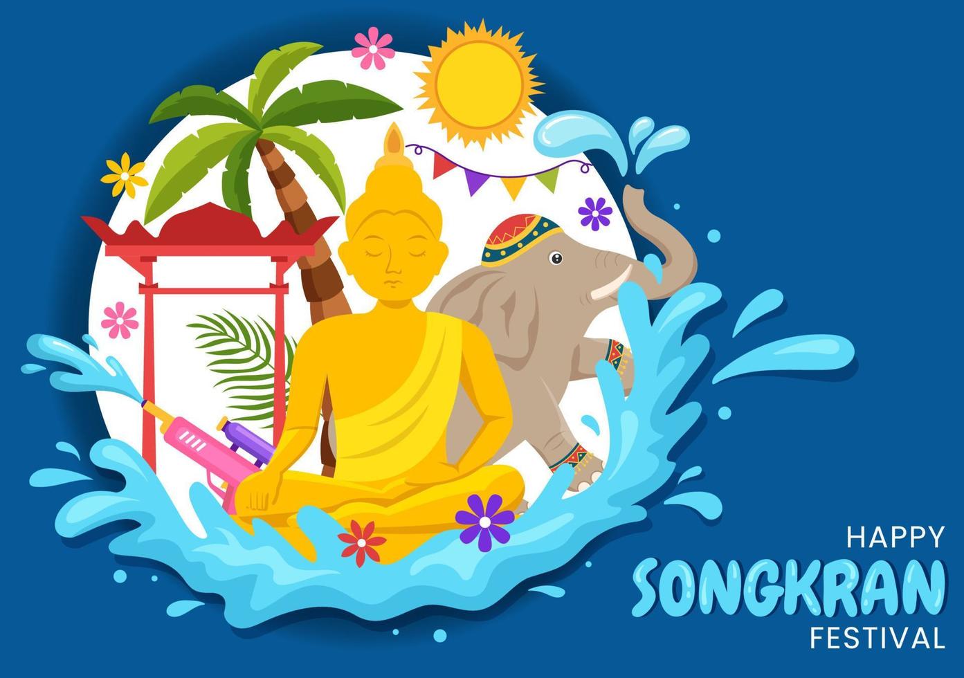 Happy Songkran Festival Day Illustration with Playing Water Gun in Thailand Celebration in Flat Cartoon Hand Drawn for Landing Page Templates vector
